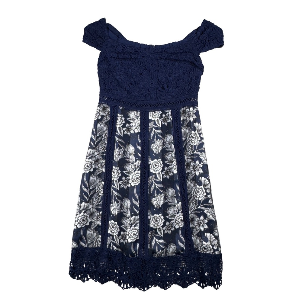 Foxiedox Dress Blue Lace Off Shoulder Floral Party Cocktail Wedding Guest Size S